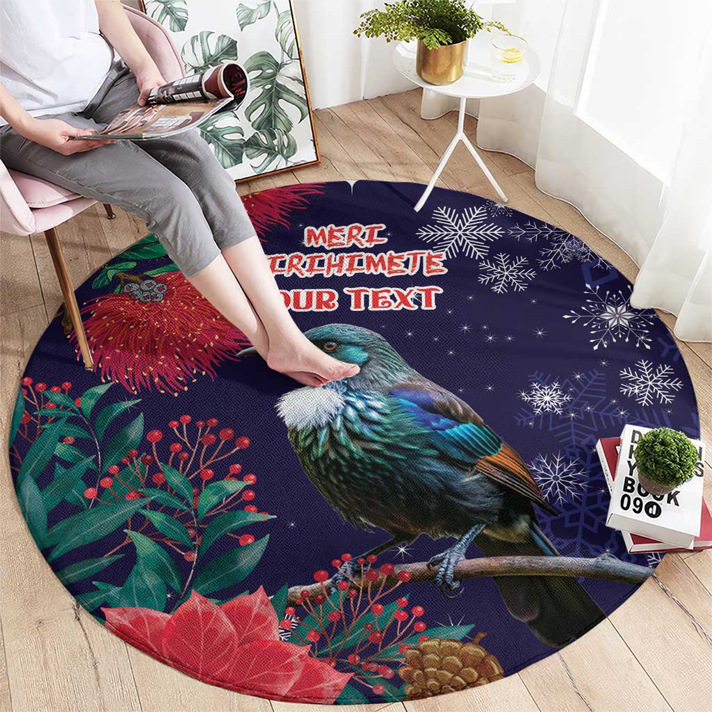 Tui Meri Kirihimete Personalised Round Carpet Pohutukawa Flowers Blue Motif - Polynesian Pride