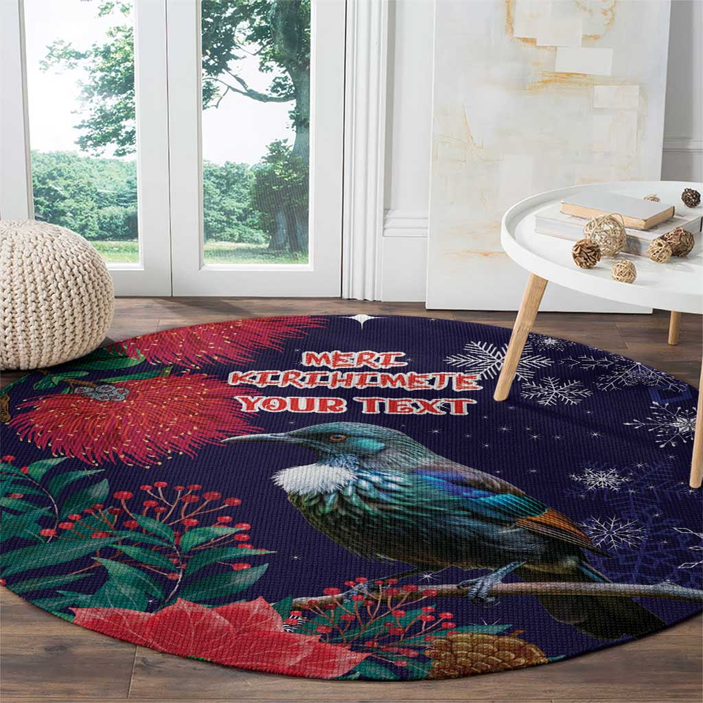 Tui Meri Kirihimete Personalised Round Carpet Pohutukawa Flowers Blue Motif - Polynesian Pride