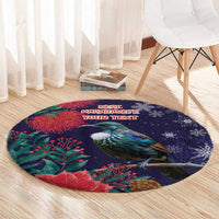 Tui Meri Kirihimete Personalised Round Carpet Pohutukawa Flowers Blue Motif - Polynesian Pride