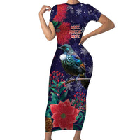 Tui Meri Kirihimete Personalised Short Sleeve Bodycon Dress Pohutukawa Flowers Blue Motif - Polynesian Pride