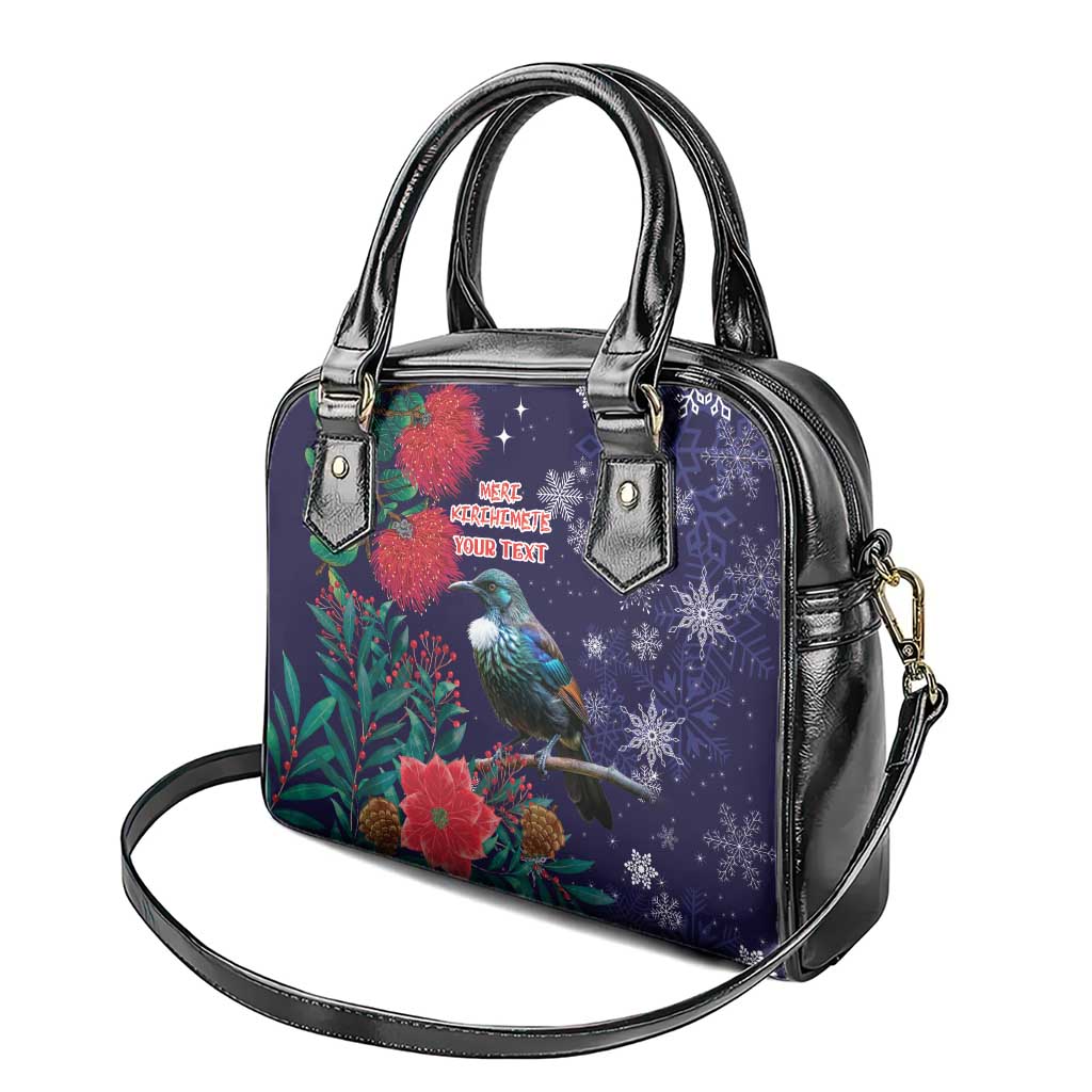 Tui Meri Kirihimete Personalised Shoulder Handbag Pohutukawa Flowers Blue Motif - Polynesian Pride