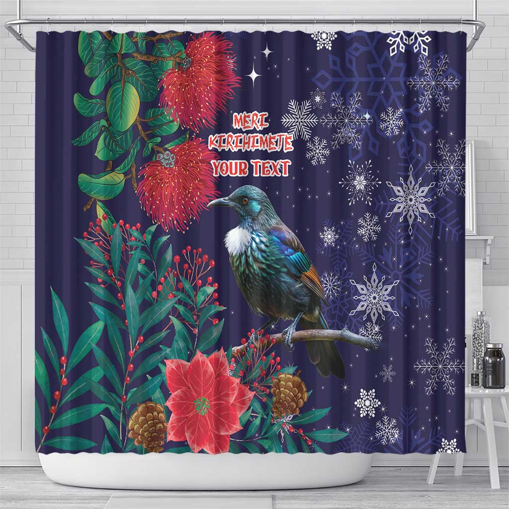 Tui Meri Kirihimete Personalised Shower Curtain Pohutukawa Flowers Blue Motif - Polynesian Pride