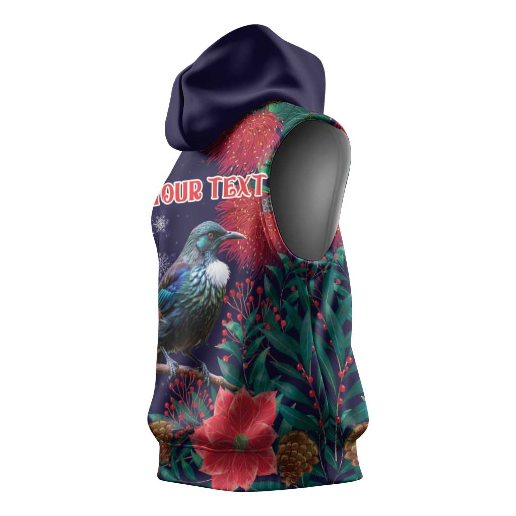 Tui Meri Kirihimete Personalised Sleeveless Hoodie Pohutukawa Flowers Blue Motif LT9 - Polynesian Pride