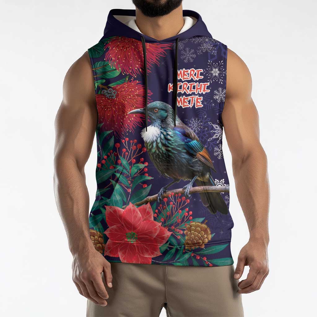 Tui Meri Kirihimete Personalised Sleeveless Hoodie Pohutukawa Flowers Blue Motif LT9 - Polynesian Pride