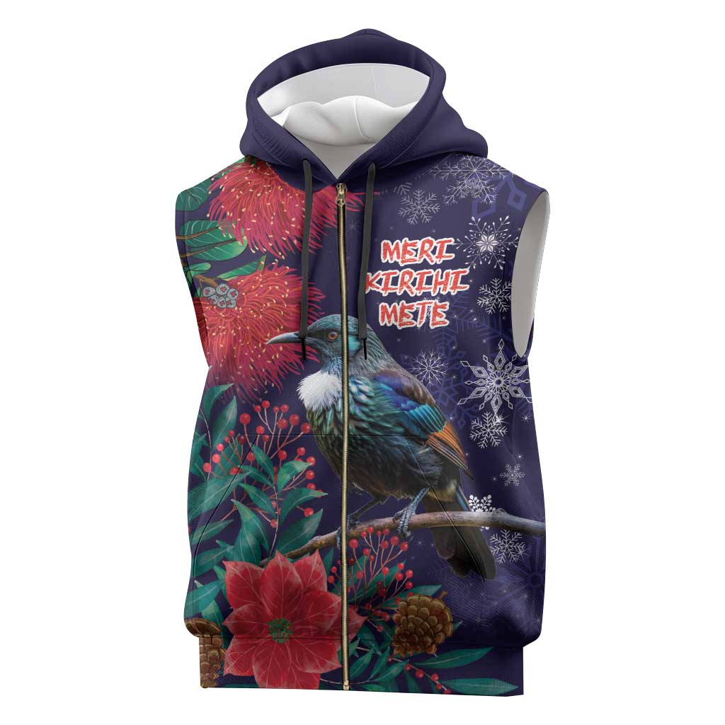 Tui Meri Kirihimete Personalised Sleeveless Zip Hoodie Pohutukawa Flowers Blue Motif - Polynesian Pride