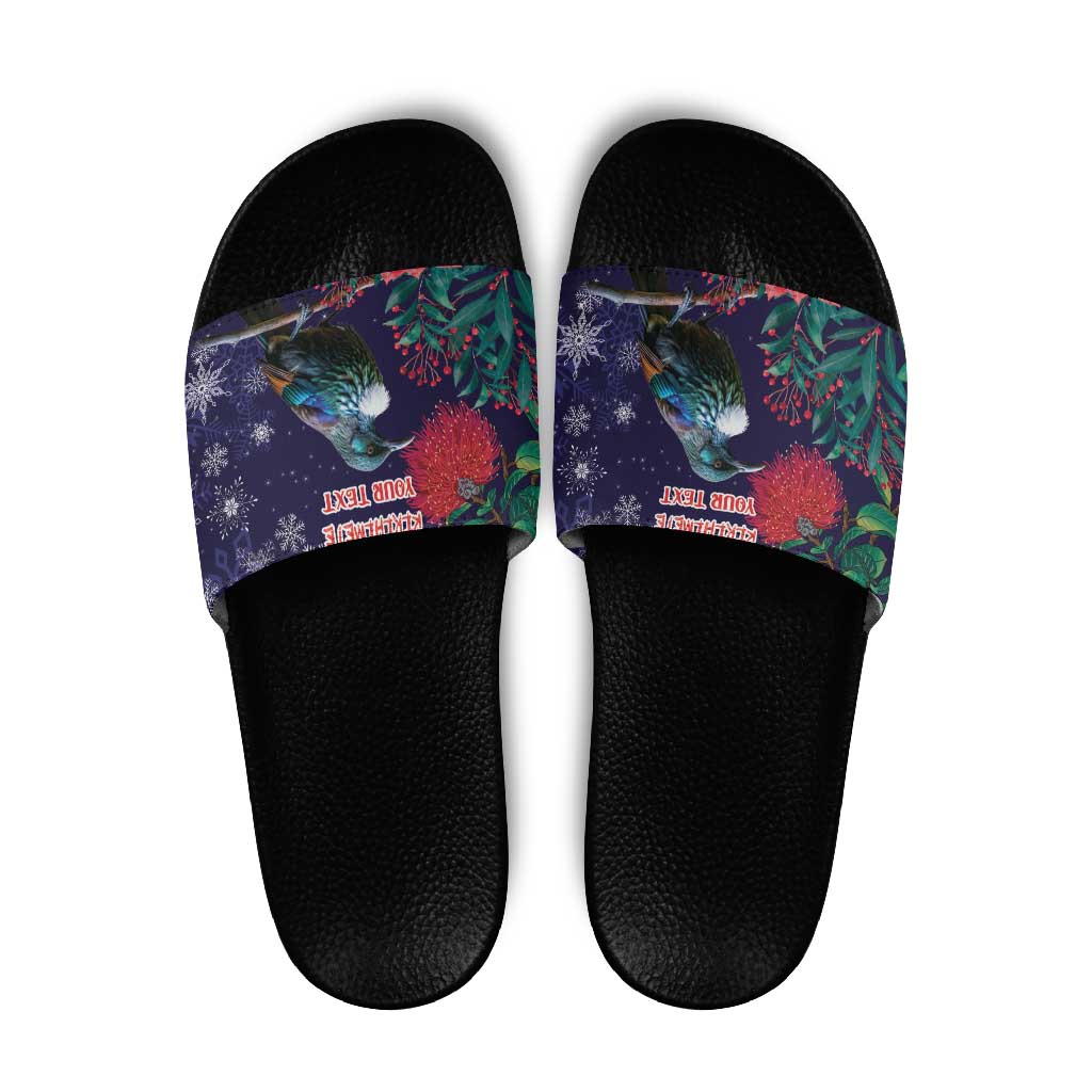 Tui Meri Kirihimete Personalised Slide Sandals Pohutukawa Flowers Blue Motif - Polynesian Pride