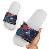 Tui Meri Kirihimete Personalised Slide Sandals Pohutukawa Flowers Blue Motif - Polynesian Pride