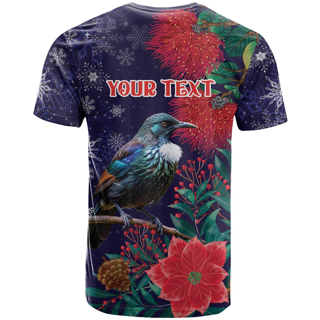 Tui Meri Kirihimete Personalised T Shirt Pohutukawa Flowers Blue Motif - Polynesian Pride