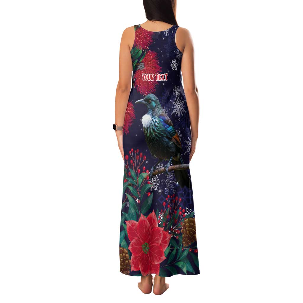 Tui Meri Kirihimete Personalised Tank Maxi Dress Pohutukawa Flowers Blue Motif - Polynesian Pride