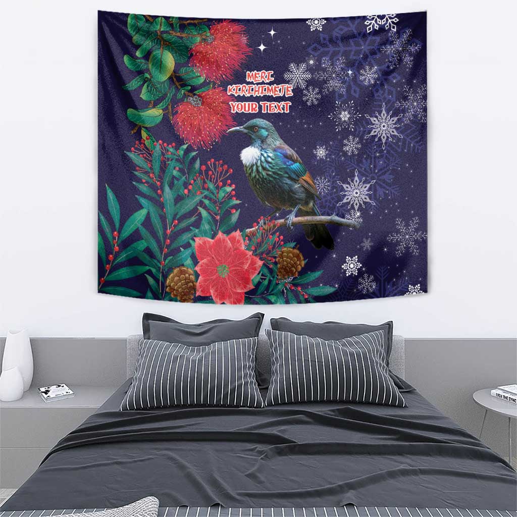 Tui Meri Kirihimete Personalised Tapestry Pohutukawa Flowers Blue Motif LT9 - Polynesian Pride