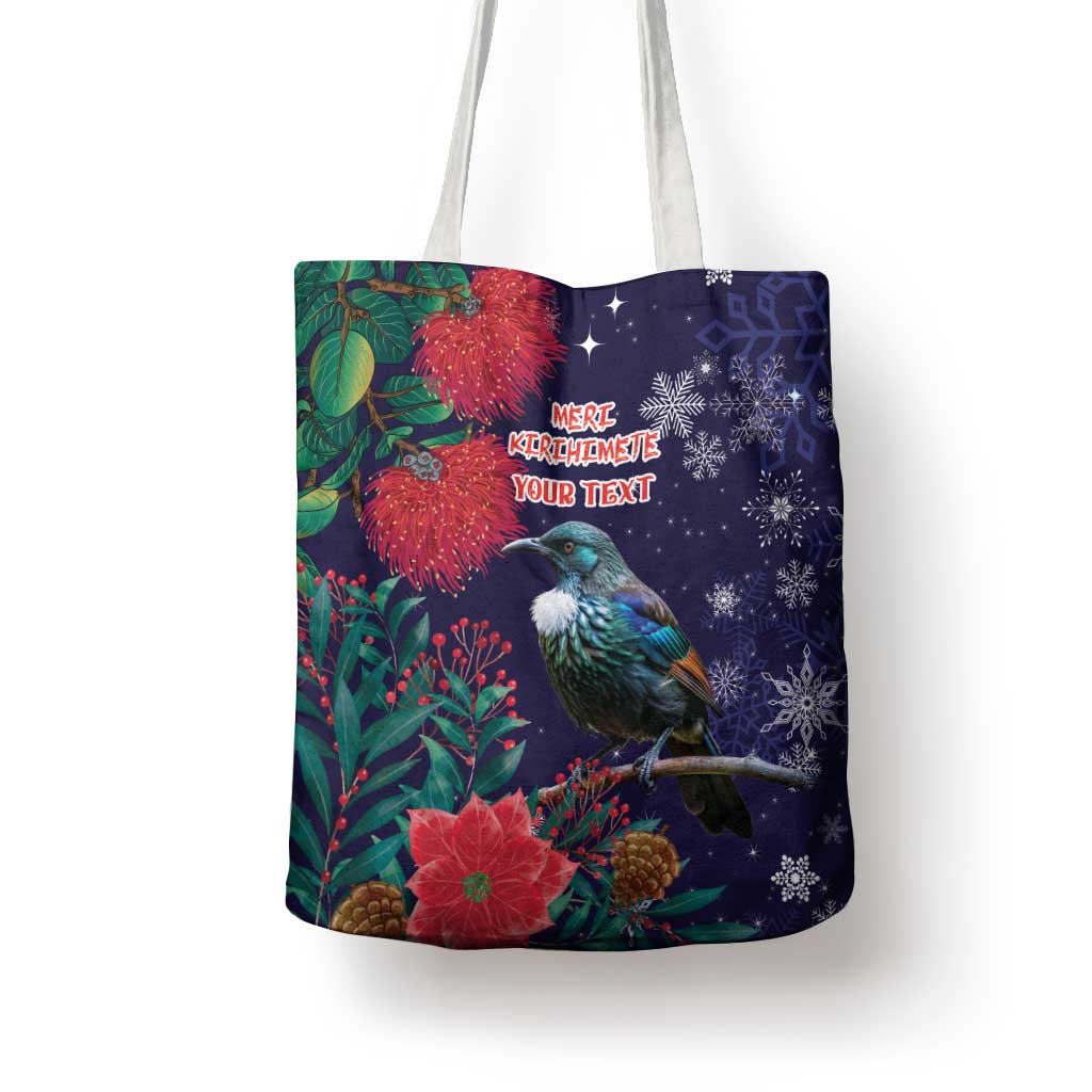 Tui Meri Kirihimete Personalised Tote Bag Pohutukawa Flowers Blue Motif - Polynesian Pride