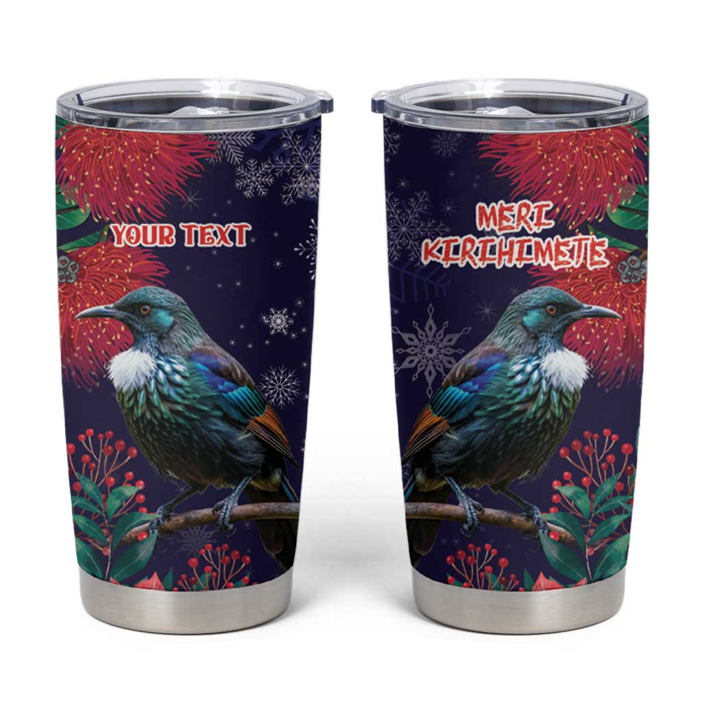 Tui Meri Kirihimete Personalised Tumbler Cup Pohutukawa Flowers Blue Motif - Polynesian Pride