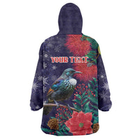 Tui Meri Kirihimete Personalised Wearable Blanket Hoodie Pohutukawa Flowers Blue Motif - Polynesian Pride