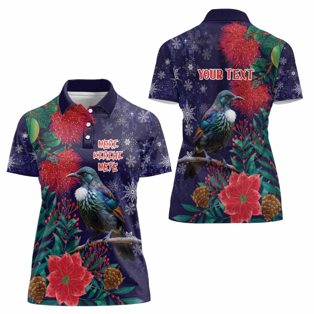 Tui Meri Kirihimete Personalised Women Polo Shirt Pohutukawa Flowers Blue Motif - Polynesian Pride
