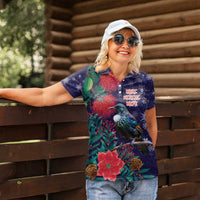 Tui Meri Kirihimete Personalised Women Polo Shirt Pohutukawa Flowers Blue Motif - Polynesian Pride