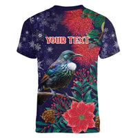 Tui Meri Kirihimete Personalised Women V-Neck T-Shirt Pohutukawa Flowers Blue Motif - Polynesian Pride