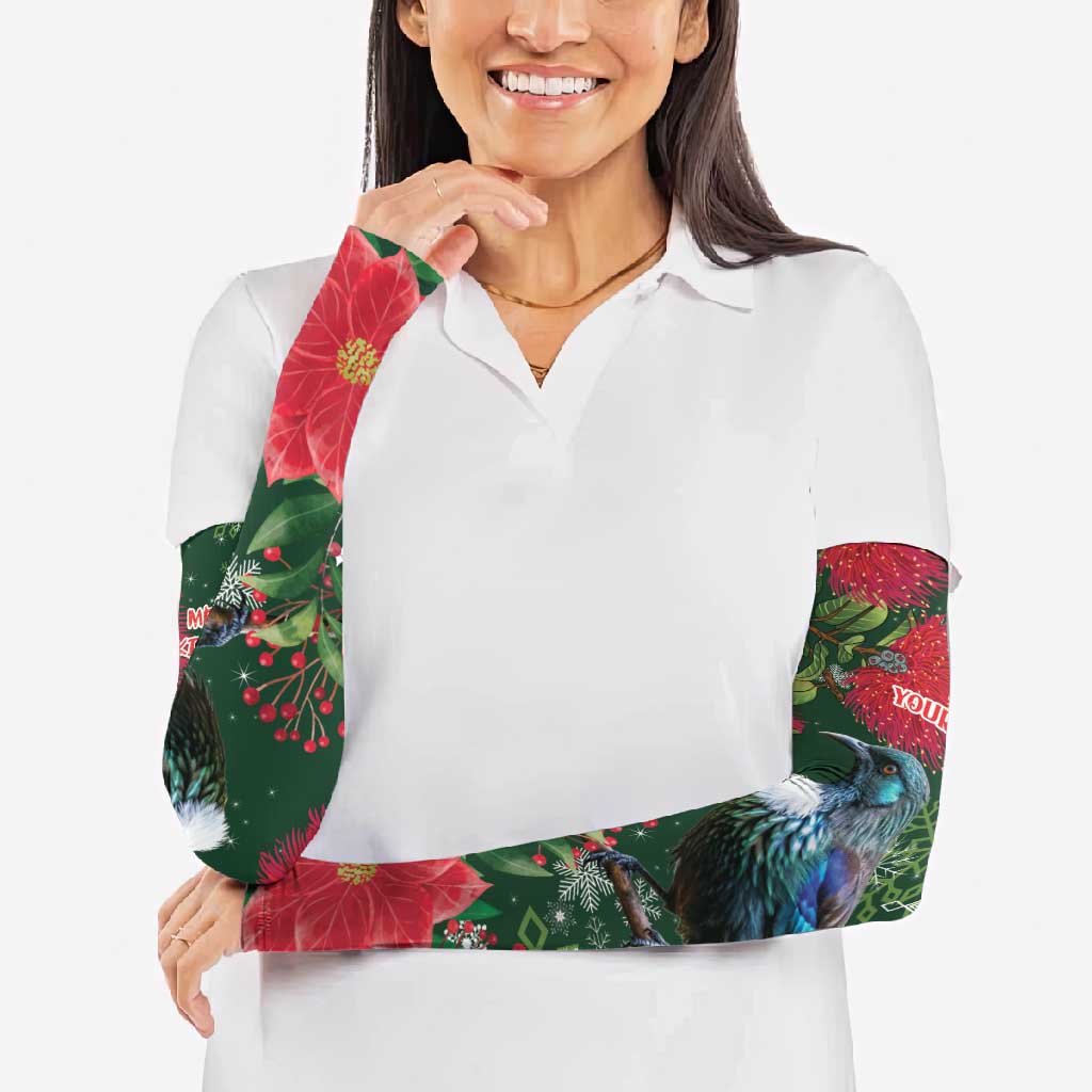 Tui Meri Kirihimete Personalised Arm Sleeves Pohutukawa Flowers Green Motif - Polynesian Pride