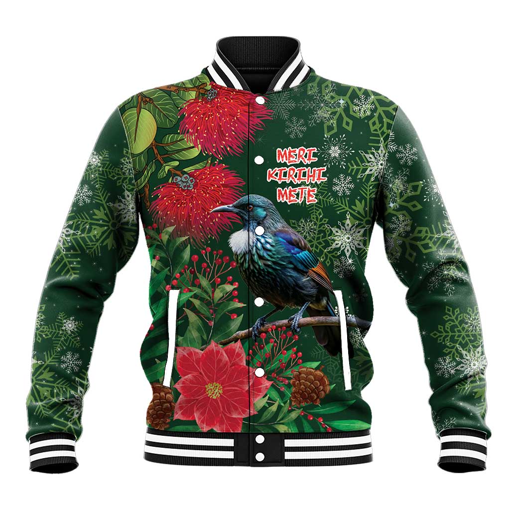 Tui Meri Kirihimete Personalised Baseball Jacket Pohutukawa Flowers Green Motif LT9 Unisex Green - Polynesian Pride