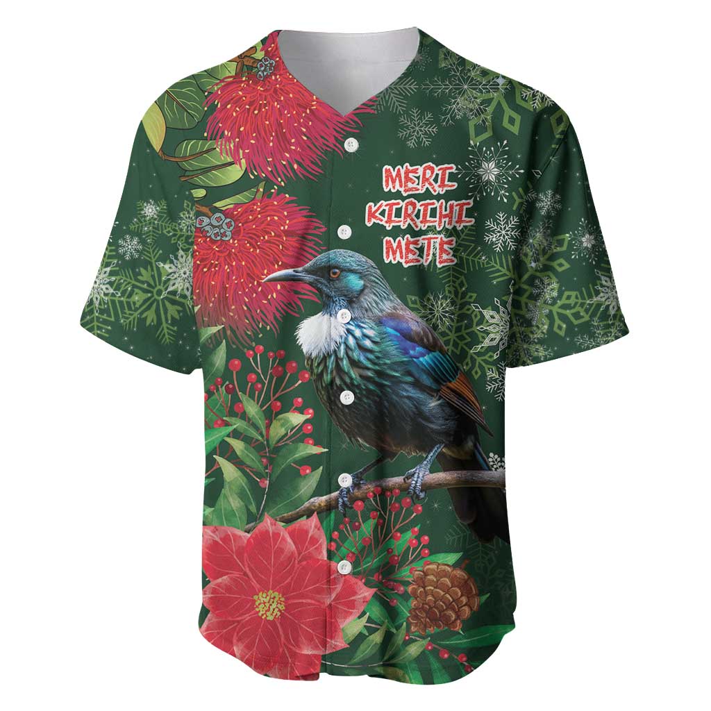 Tui Meri Kirihimete Personalised Baseball Jersey Pohutukawa Flowers Green Motif - Polynesian Pride