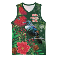 Tui Meri Kirihimete Personalised Basketball Jersey Pohutukawa Flowers Green Motif - Polynesian Pride