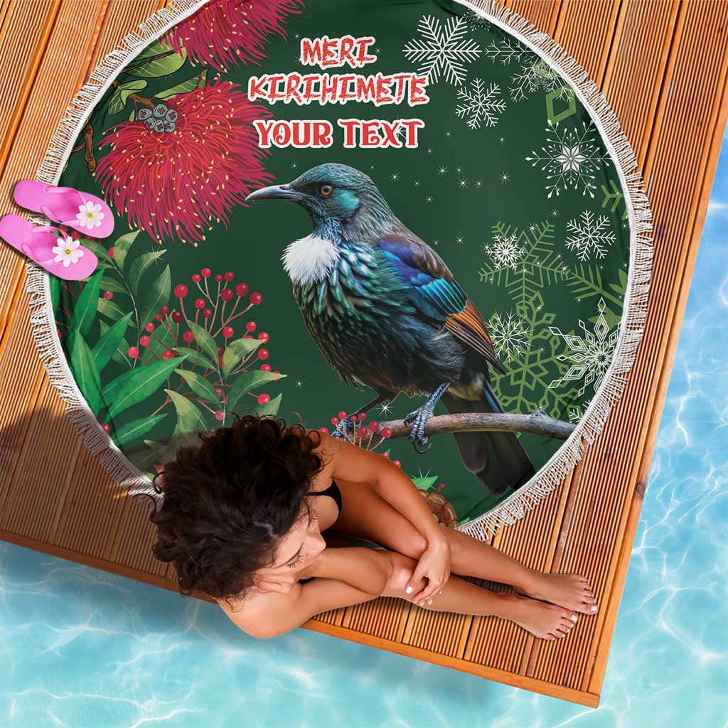Tui Meri Kirihimete Personalised Beach Blanket Pohutukawa Flowers Green Motif - Polynesian Pride
