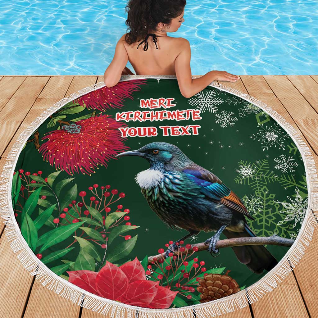 Tui Meri Kirihimete Personalised Beach Blanket Pohutukawa Flowers Green Motif - Polynesian Pride