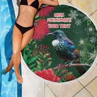 Tui Meri Kirihimete Personalised Beach Blanket Pohutukawa Flowers Green Motif - Polynesian Pride