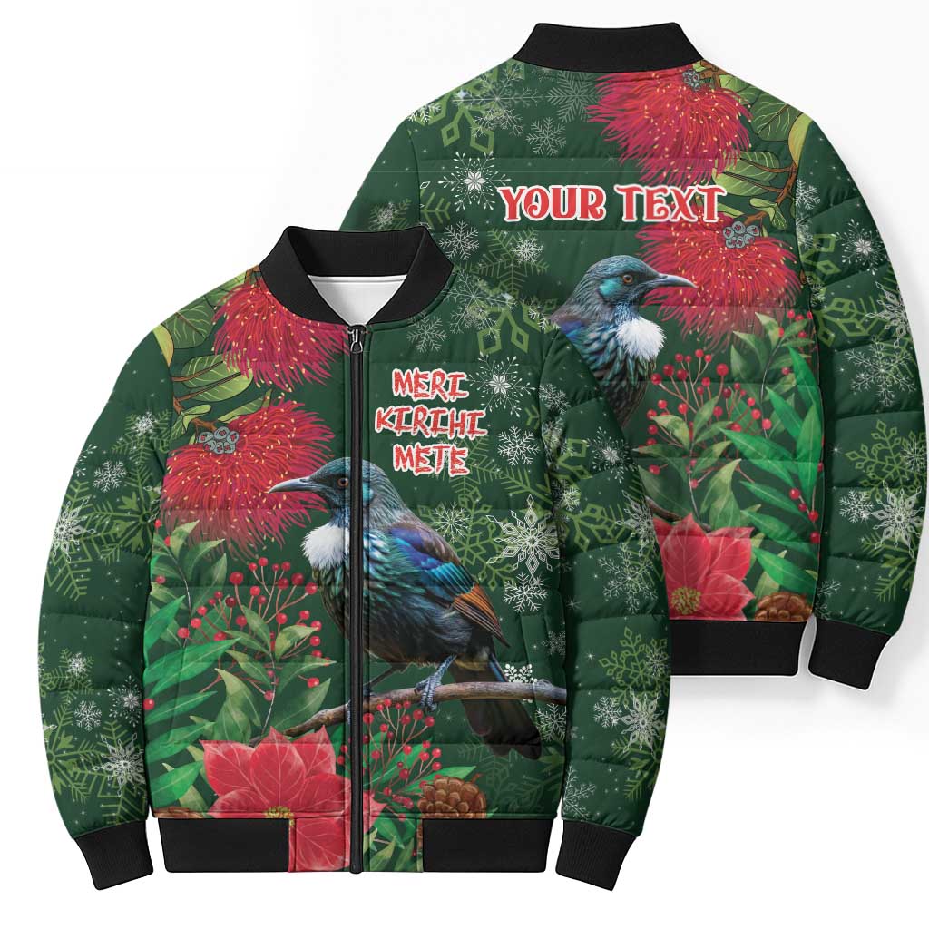 Tui Meri Kirihimete Personalised Bomber Puffer Jacket Pohutukawa Flowers Green Motif - Polynesian Pride