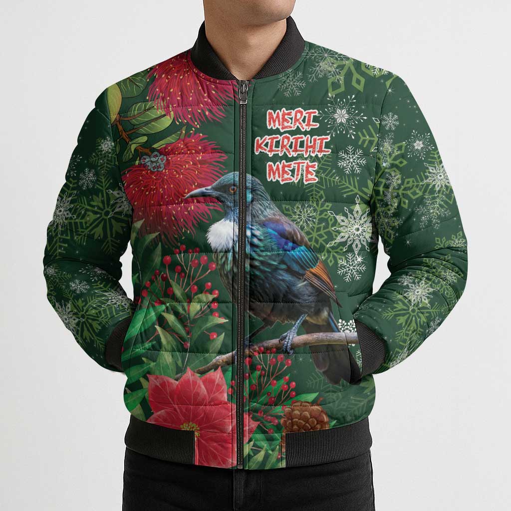 Tui Meri Kirihimete Personalised Bomber Puffer Jacket Pohutukawa Flowers Green Motif - Polynesian Pride