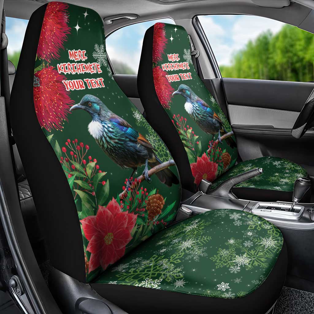 Tui Meri Kirihimete Personalised Car Seat Cover Pohutukawa Flowers Green Motif - Polynesian Pride