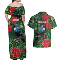 Tui Meri Kirihimete Personalised Couples Matching Off Shoulder Maxi Dress and Hawaiian Shirt Pohutukawa Flowers Green Motif - Polynesian Pride