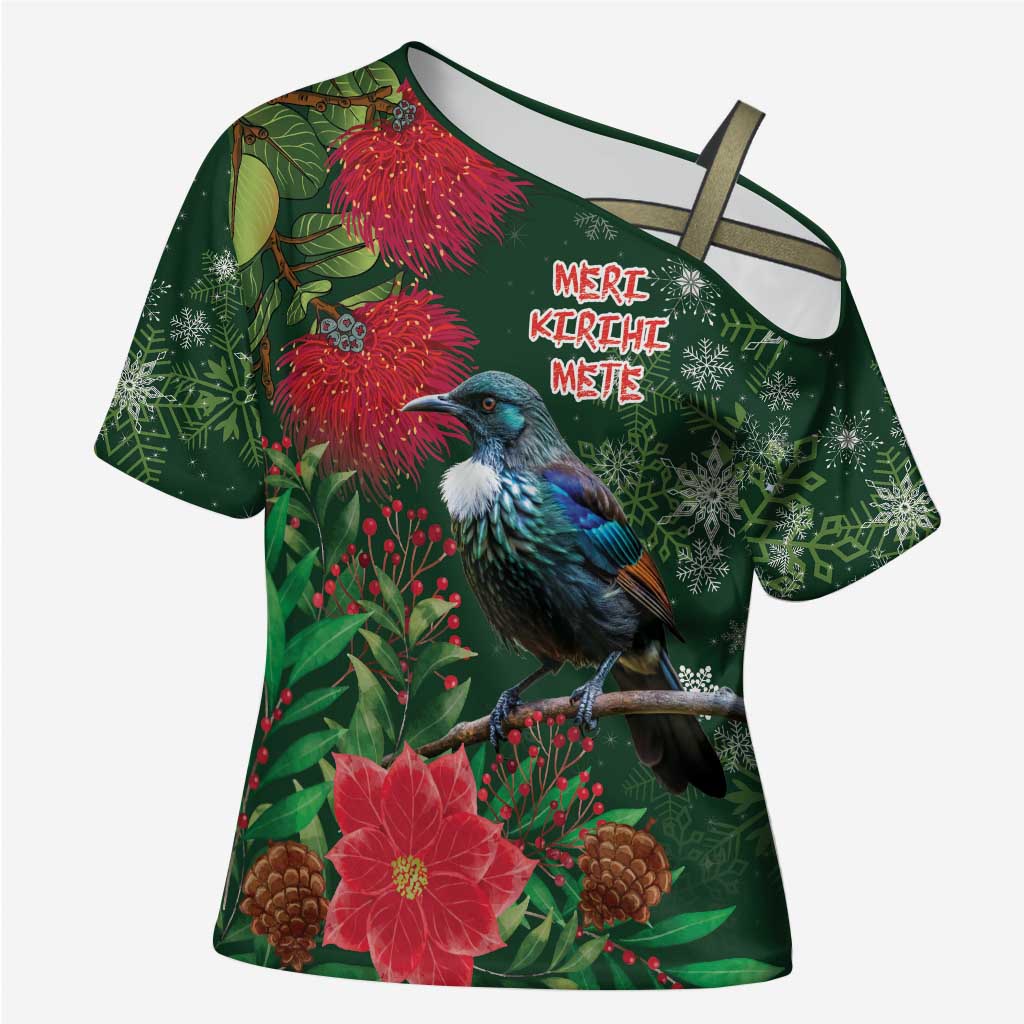 Tui Meri Kirihimete Personalised Cross Shoulder Shirt Pohutukawa Flowers Green Motif - Polynesian Pride