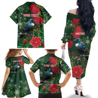 Tui Meri Kirihimete Personalised Family Matching Off The Shoulder Long Sleeve Dress and Hawaiian Shirt Pohutukawa Flowers Green Motif - Polynesian Pride