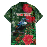 Tui Meri Kirihimete Personalised Family Matching Off The Shoulder Long Sleeve Dress and Hawaiian Shirt Pohutukawa Flowers Green Motif - Polynesian Pride