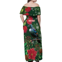 Tui Meri Kirihimete Personalised Family Matching Off Shoulder Maxi Dress and Hawaiian Shirt Pohutukawa Flowers Green Motif - Polynesian Pride