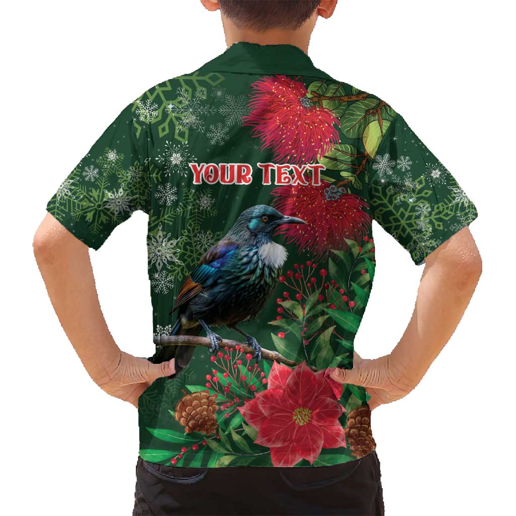 Tui Meri Kirihimete Personalised Family Matching Off Shoulder Short Dress and Hawaiian Shirt Pohutukawa Flowers Green Motif - Polynesian Pride
