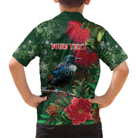 Tui Meri Kirihimete Personalised Family Matching Off Shoulder Short Dress and Hawaiian Shirt Pohutukawa Flowers Green Motif - Polynesian Pride