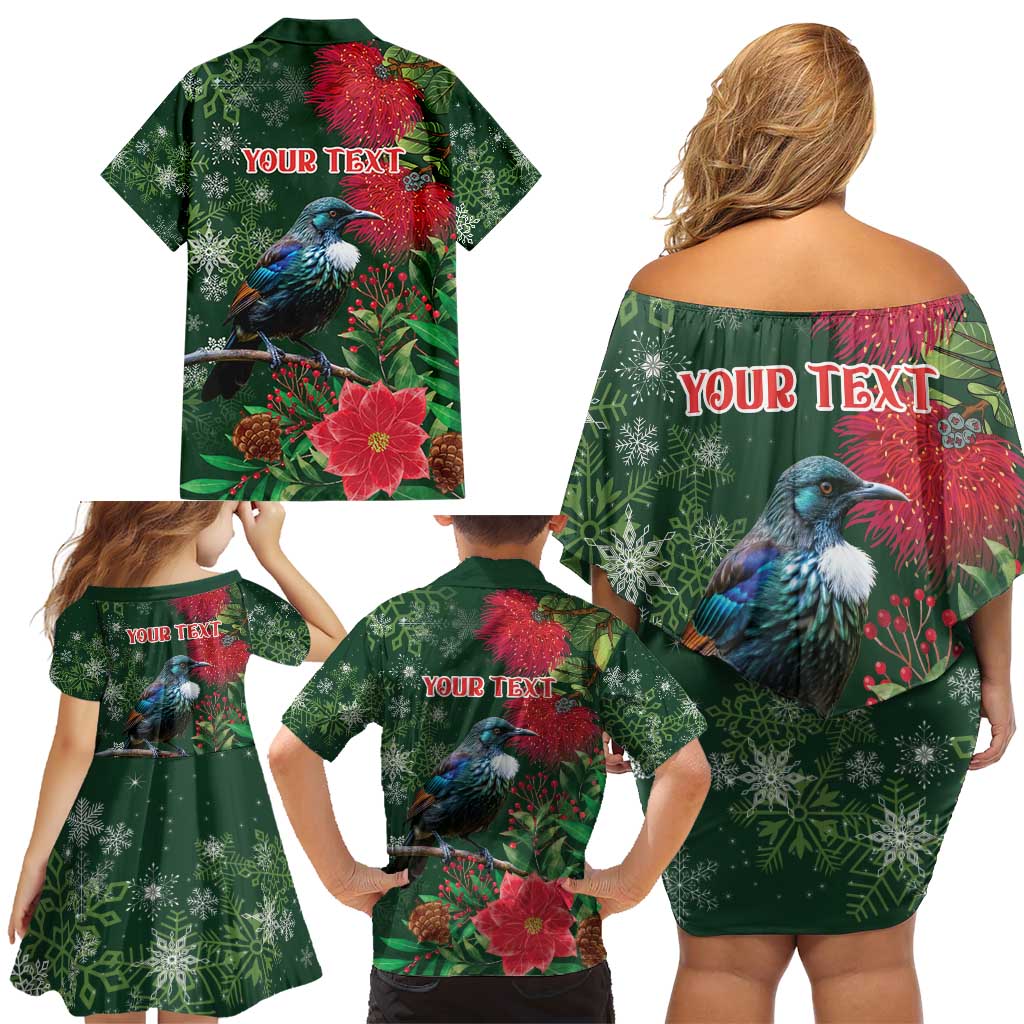Tui Meri Kirihimete Personalised Family Matching Off Shoulder Short Dress and Hawaiian Shirt Pohutukawa Flowers Green Motif - Polynesian Pride
