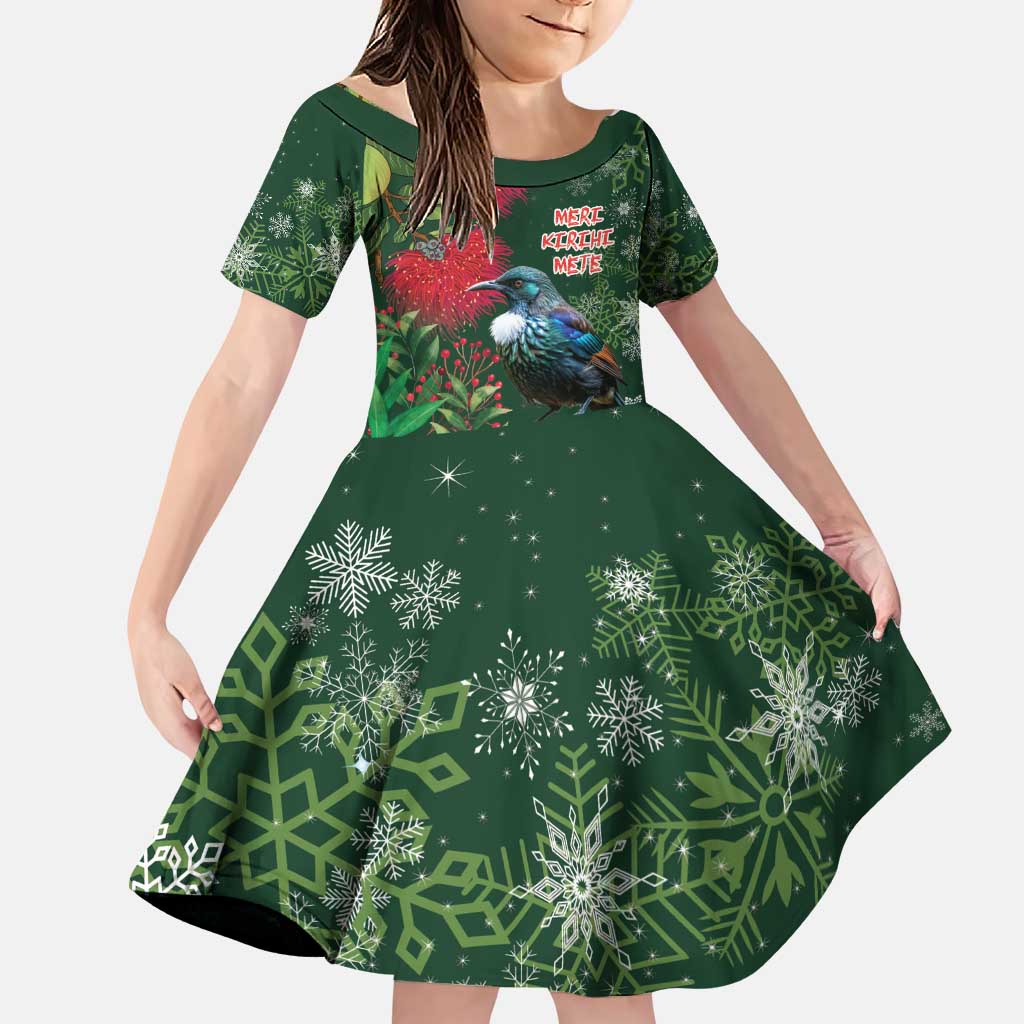 Tui Meri Kirihimete Personalised Family Matching Puletasi and Hawaiian Shirt Pohutukawa Flowers Green Motif - Polynesian Pride