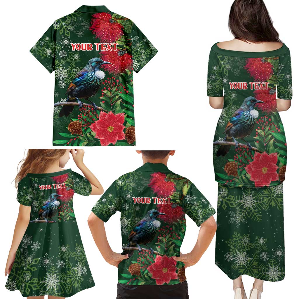 Tui Meri Kirihimete Personalised Family Matching Puletasi and Hawaiian Shirt Pohutukawa Flowers Green Motif - Polynesian Pride