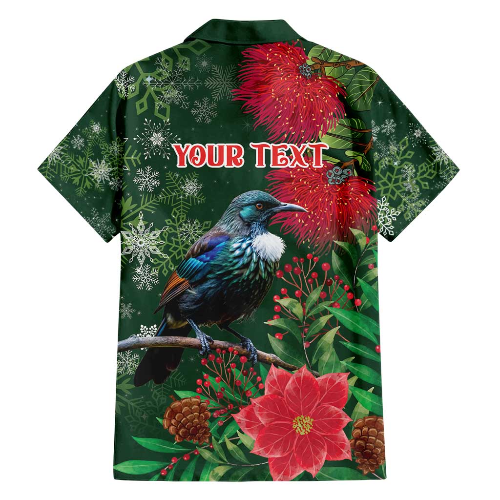 Tui Meri Kirihimete Personalised Family Matching Puletasi and Hawaiian Shirt Pohutukawa Flowers Green Motif - Polynesian Pride