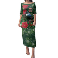 Tui Meri Kirihimete Personalised Family Matching Puletasi and Hawaiian Shirt Pohutukawa Flowers Green Motif - Polynesian Pride