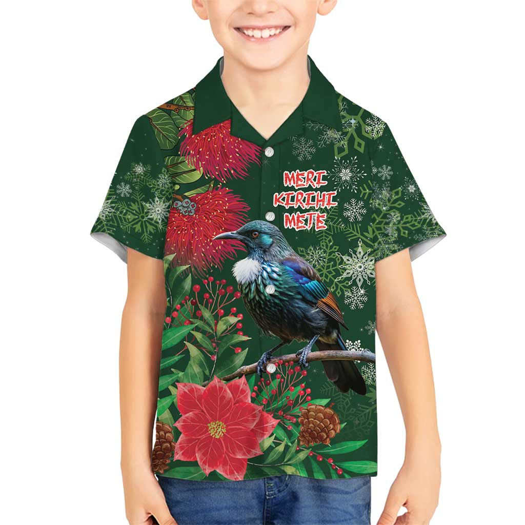 Tui Meri Kirihimete Personalised Family Matching Puletasi and Hawaiian Shirt Pohutukawa Flowers Green Motif - Polynesian Pride