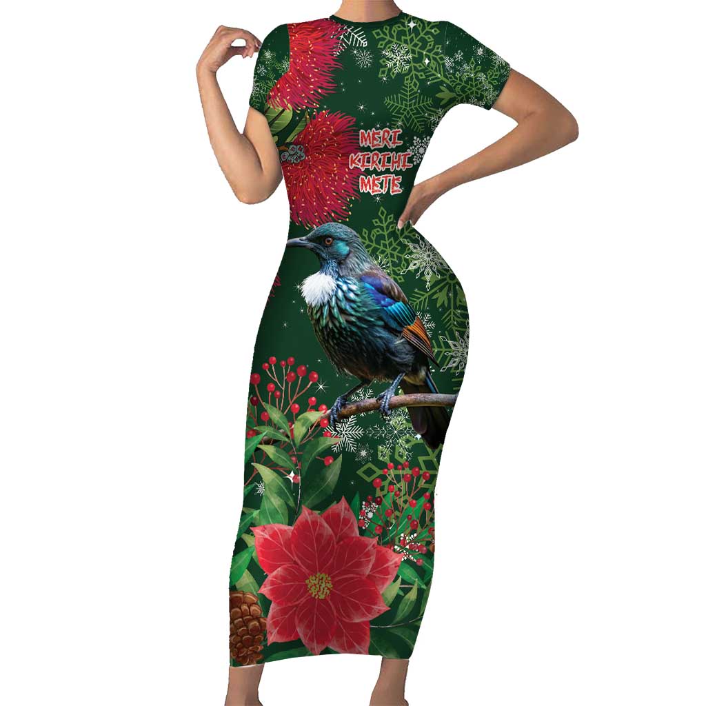 Tui Meri Kirihimete Personalised Family Matching Short Sleeve Bodycon Dress and Hawaiian Shirt Pohutukawa Flowers Green Motif - Polynesian Pride