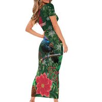 Tui Meri Kirihimete Personalised Family Matching Short Sleeve Bodycon Dress and Hawaiian Shirt Pohutukawa Flowers Green Motif - Polynesian Pride