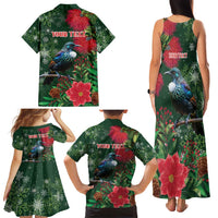 Tui Meri Kirihimete Personalised Family Matching Tank Maxi Dress and Hawaiian Shirt Pohutukawa Flowers Green Motif - Polynesian Pride