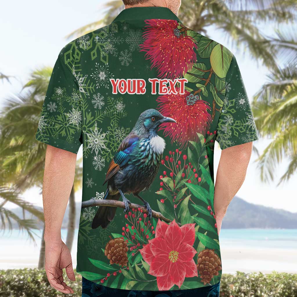 Tui Meri Kirihimete Personalised Hawaiian Shirt Pohutukawa Flowers Green Motif - Polynesian Pride