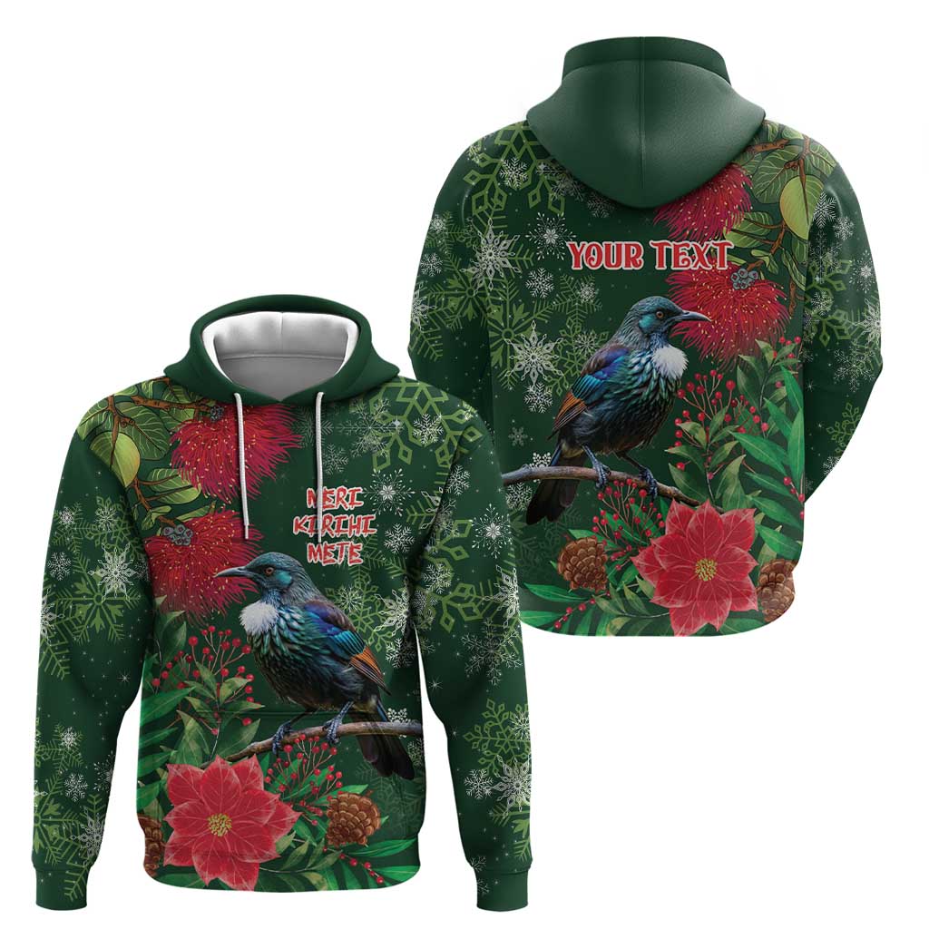 Tui Meri Kirihimete Personalised Hoodie Pohutukawa Flowers Green Motif - Polynesian Pride