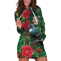 Tui Meri Kirihimete Personalised Hoodie Dress Pohutukawa Flowers Green Motif - Polynesian Pride