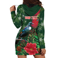 Tui Meri Kirihimete Personalised Hoodie Dress Pohutukawa Flowers Green Motif - Polynesian Pride